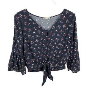 Hollister Womens Cropped Top Size S Blue Floral Tie Front 3/4 Sleeve V-Neck
